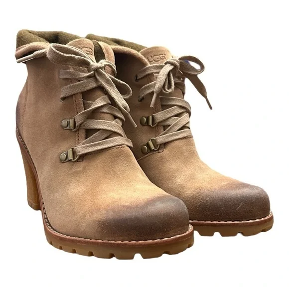 UGG Tan Heeled Lace Up Ankle Boots with Chunky Heel Rugged Sole Lined Size 8.5 - Picture 2 of 15